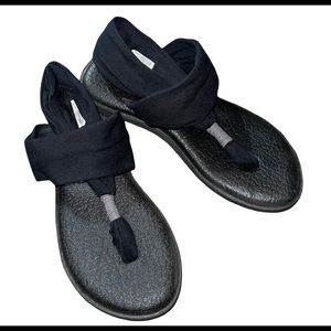 Sanuk Yoga Sling Back Thong Sandals Black Fabric Flip Flops Shoes Womens Size 6